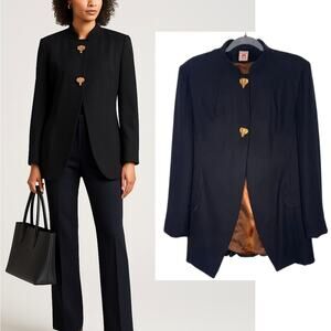 Indies Paris 8 Carved ELEPHANT Wood Buttons Peplum Blazer Mandarin Collar Black